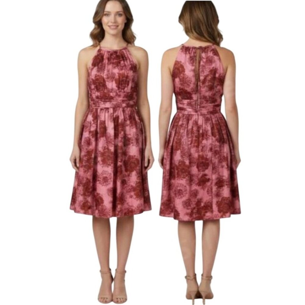 Kristin Davis Women's Pink Red Floral Silk Halter Fit And Flare Dress Size 2‎
